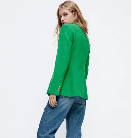 ZARA Balmain Style Textured Blazer Gold Buttons XS Green Blogger’s Favorite - Picture 2 of 7